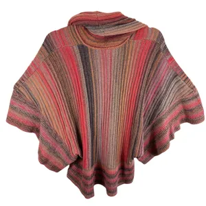 Dor Dor Couture Striped Cowl Neck Poncho Sweater Red Orange Brown Womens Large thumbnail 2
