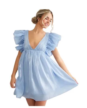 Storia Deep V-Neck Sheen Mini Dress in Sky Blue Size Medium NWT thumbnail 1