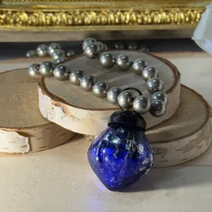 Artisan Handknotted Silver Necklace with Blue Vintage Ornament Pendant thumbnail 1