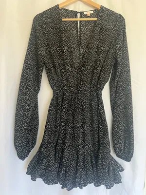 Luxxel Black and White Polka Dot Long-Sleeve Fit-and-Flare Romper thumbnail 1
