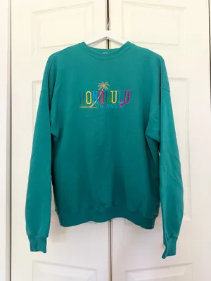 Vintage Honolulu Hawaii Embroidered Crewneck Sweatshirt Teal Green Blue XXL thumbnail 2