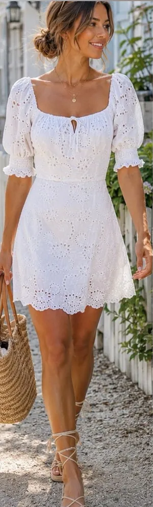 7 For All Mankind White Eyelet Puff Sleeve Babydoll Dress Size M💛 thumbnail 1