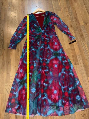 NWT Maggy London Eliana Twist Front Mesh Maxi Dress Pink Berry Watercolor 14 thumbnail 7