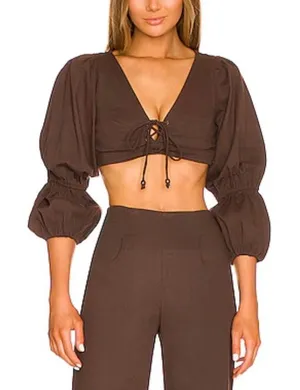 House of Harlow 1960 x Revolve Roque Top Small Brown Lace Up Crop Balloon Sleeve thumbnail 1