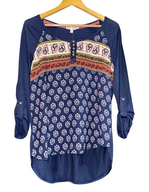NWT Jolt Top Women's Size Large‎ Boho Hippie Paisley 3/4 Roll Tab Sleeves Blue thumbnail 1
