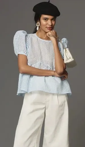 Maeve Anthropologie Babydoll Sheer Light Blue Puff-Sleeve Peplum Top thumbnail 1