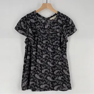 LOFT Paisley Ruched Flutter Sleeve Mixed Media‎ Top Lightweight Chiffon thumbnail 2