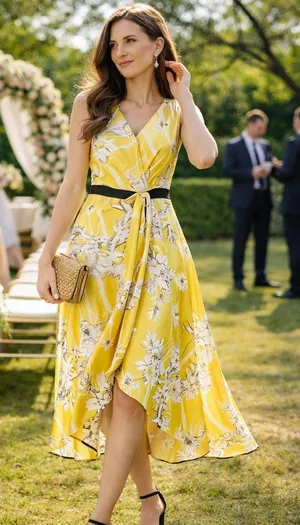 Coast Larrison Printed Satin Faux Wrap Midi Dress Yellow Floral 12 Wedding Guest thumbnail 1