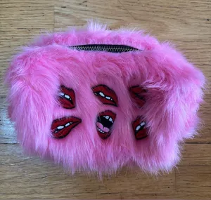 SkinnyDip Pink Faux Fur Embroidered Lips Kidcore Maximalism Cosmetic Makeup Bag thumbnail 1