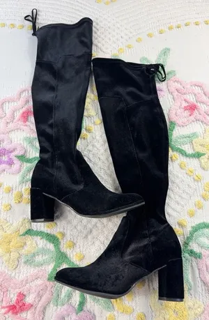 Marc‎ Fisher Black Velvet Over The Knee Block Heel Boots Size 6.5M Tie Back Zip thumbnail 1