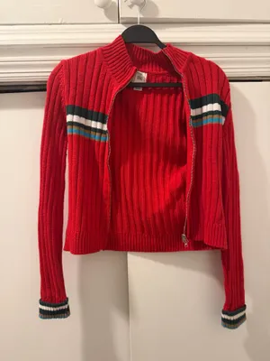 BDG Red Ribbed Full Zip Mock Neck Sweater thumbnail 1
