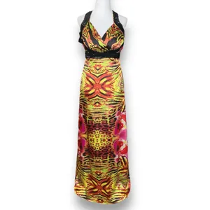Y2K Zum Zum Niki Livas Neon Animal Print Sequin Halter Maxi‎ Dress XS Open Back thumbnail 3