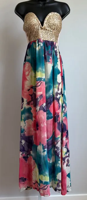 Reverse‎ Boho Beachy Ethereal Glitter Tropical Floral Sequin Maxi Dress M thumbnail 1