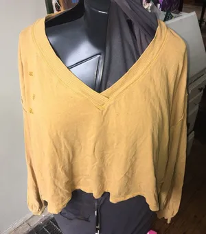 We the Free mustard colored crop oversized top with embroidered flowers thumbnail 1