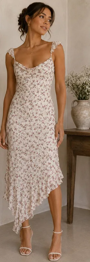 Kirious Los Angeles Floral Draped Neck Midi Dress Coquette Romantic Feminine thumbnail 1