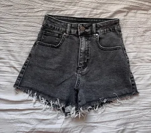 High-Waist Black Frayed Hem Denim Shorts thumbnail 1