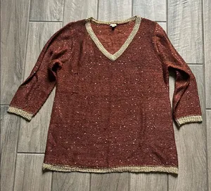 Reba Brown and Gold V-Neck Sweater Relaxed Fit thumbnail 1