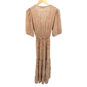 LUSANA Tan Zebra Print Maxi Dress XS 2 Tiered Elastic Waist V-Neck Resortwear thumbnail 4