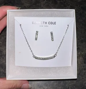 Kenneth Cole Silver Crystal Curved Bar Necklace with Matching Studs thumbnail 1
