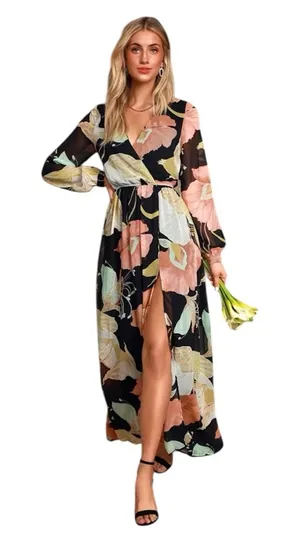 Lulu's - NWT Wondrous Water Lilies Black Floral Print Maxi Dress Sz M thumbnail 1