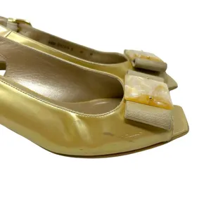 Stuart Weitzman Vintage Gold Tan Bow Kitten Open‎ Toe Heels Size 6 thumbnail 6