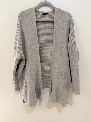 HANNAH Women’s Open Front Cardigan Size L Taupe Ribbed Knit Oversized Sweater thumbnail 2