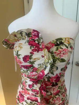 Floral Strapless Ruffle Mini Dress in White, Pink & Green thumbnail 4