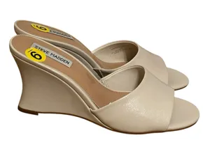 Steve Madden Cream Faux Leather Wedge Side Sandal Open Toe Wedge Heels NWT thumbnail 1