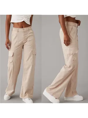 American Eagle Outfitters Ivory Beige Baggy Wide Leg Cargo Pants W Drawstring 4 thumbnail 2