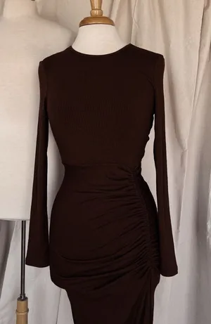 Elegant Brown Ruched Long-Sleeve Midi Dress thumbnail 1