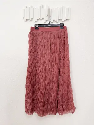 Miss Sparkling Pink Rose Textured Feather Fringe Mesh Maxi Skirt High Waist XL thumbnail 5