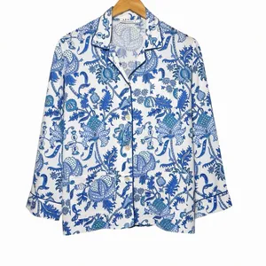 Roller‎ Rabbit Amanda Blue 100% Cotton Pajama Top M Block Print Coastal Boho thumbnail 2