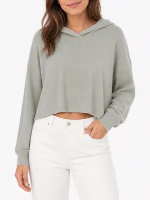 Athleta Hoodie Women Large Green Knit Ribbed Cotton Stretch Long Sleeve Pullover thumbnail 1