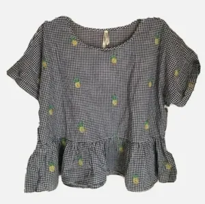Girl Krazy Gingham Plaid Pineapple Print Peplum Blouse Women Size Large thumbnail 1