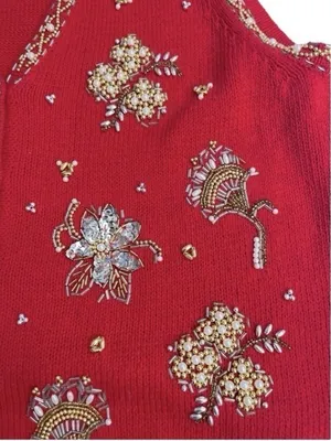 VTG Claudia D Beaded Sweater Vest Red Floral Pearl Embellished Large thumbnail 4