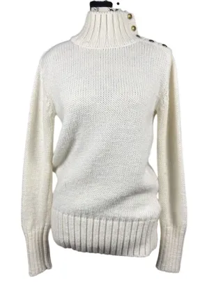 Zara Women Ivory Textured Knit Turtleneck Sweater M Shoulder Buttons Ribbed Hem thumbnail 1
