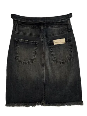 Tricot Black Distressed Denim Pencil Skirt with Button Front thumbnail 2