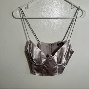 Boohoo Women's Size 6 Satin Diamante Strap Corset Top Silver Zip Back Rhinestone thumbnail 3