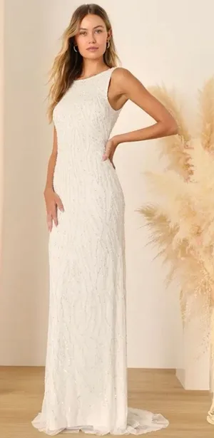 Lulus Glamourous Ever After White Sequin Beaded Backless Maxi Dress Medium Bride thumbnail 1