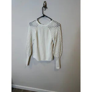 525 America Women Cream Cotton Ribbed V-Neck Sweater‎ Crochet Balloon Sleeve M thumbnail 4