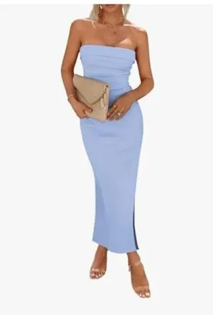 PRETTYGARDEN NEW Lined Bodycon Side Slit Strapless Ribbed Maxi Dress M thumbnail 4