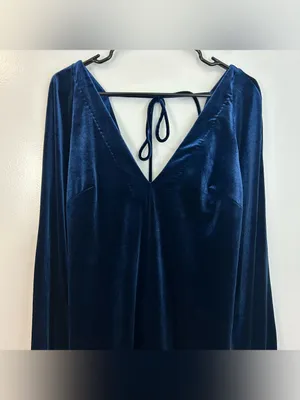 Free People Blue Velvet V-neck Long Balloon Sleeve Shift A-line Mini Dress Small thumbnail 4