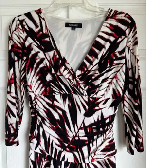 Nine West Tropical Palm Print Black White Red Stretch Dress Size 6 thumbnail 3