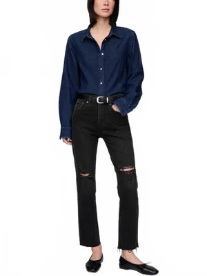 Gap Short High Rise Cheeky Straight Jeans NWT Worn Black Destroy Size 26S thumbnail 5