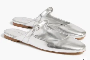 J Crew Silver Metallic Mary Jane Mules Gem Detail Size 8.5 Preppy Party Academia thumbnail 1