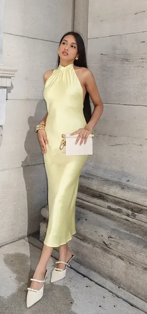 Zara butter Yellow Backless Halter maxi Dress holiday evening wedding thumbnail 1
