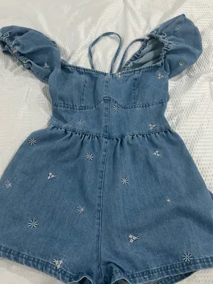 Lulus Embroidered Denim Romper Puff Sleeve Cottagecore Light Wash thumbnail 3