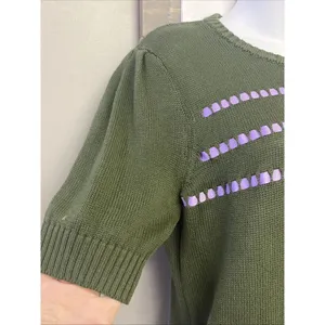 ModCloth Olive Green Knit Puff Short Sleeve Sweater Light Purple Ribbon- Medium thumbnail 2