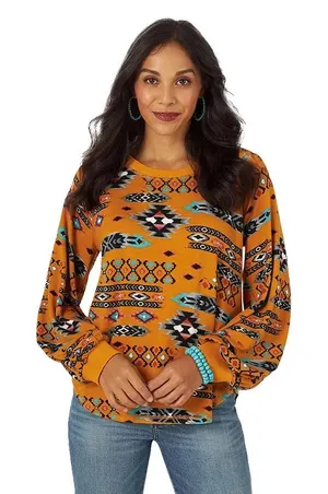 Wrangler Retro Boho Aztec Southwest Balloon Sleeve Top • Ochre Mustard Small thumbnail 1