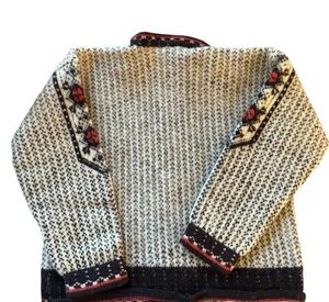 VTG Wool Chunky Knitted Cardigan Sweater M Black Cream Red Metal Scroll Buttons thumbnail 4